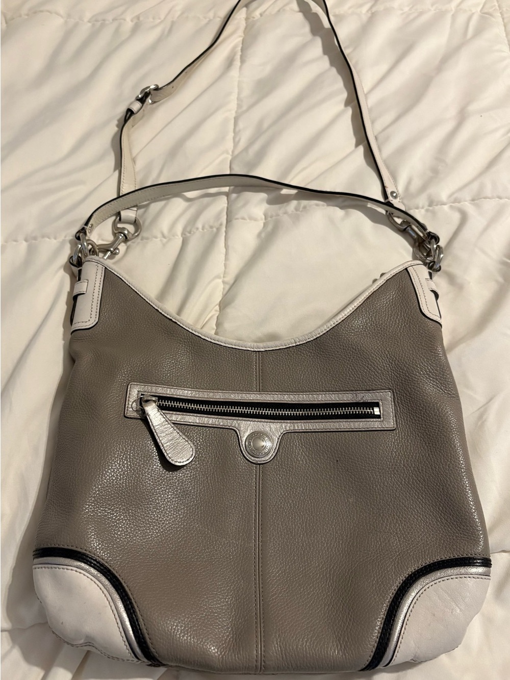 Coach Pebbled Gray-Silver and White Leather Shoulder Bag